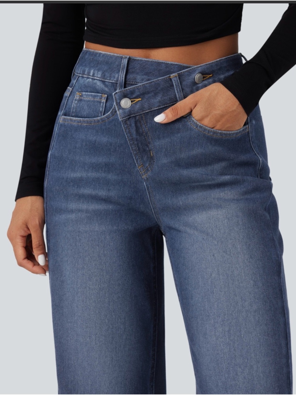 NWT- Halara Flex™ Asymmetric High Waisted Baggy Wide Leg Washed Casual Jeans - Picture 4 of 11